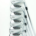 A set of seven Callaway Apex iron golf clubs arranged in a fan shape on a clean white background.